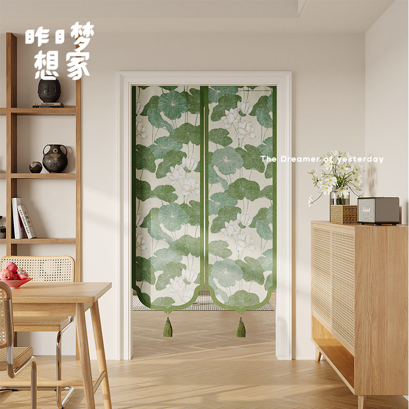 新中式门帘中国风遮挡帘家用卧室免打孔隔断帘子厨房防油烟半帘