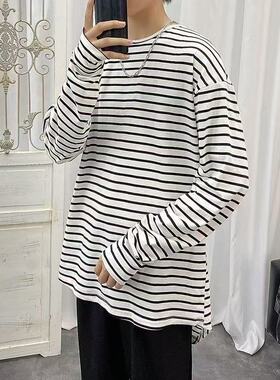 明亮叔出品4th长袖白底黑条纹打底衫叠穿高街风宽松潮流T恤上衣