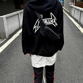 明亮叔出品闪电复线连帽卫衣男高街潮牌穿搭金属乐队印花帽衫 外套