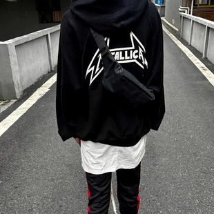 明亮叔出品闪电复线连帽卫衣男高街潮牌穿搭金属乐队印花帽衫外套
