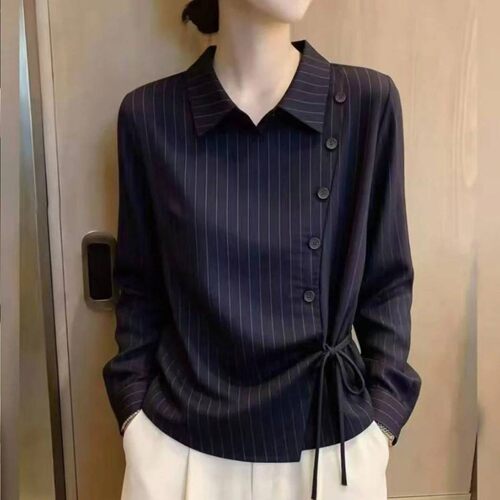 铂瑾臻品女装松弛条纹长袖衬衫女士2026秋季新品温柔显瘦百搭小a3