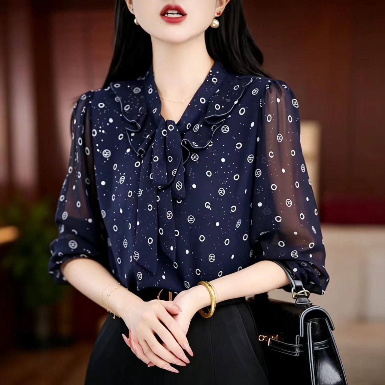 @叙溪约女装系带波点七分袖衬衫夏季女显瘦雪纺小衫气质减龄上a1