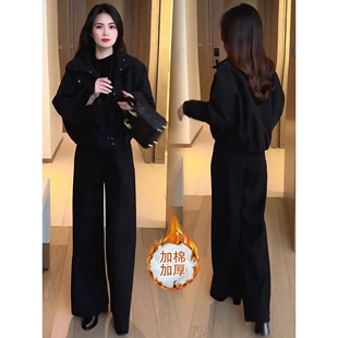 时尚毛呢套装女2025冬季新款洋气时髦加棉加厚短外套阔腿裤两件套