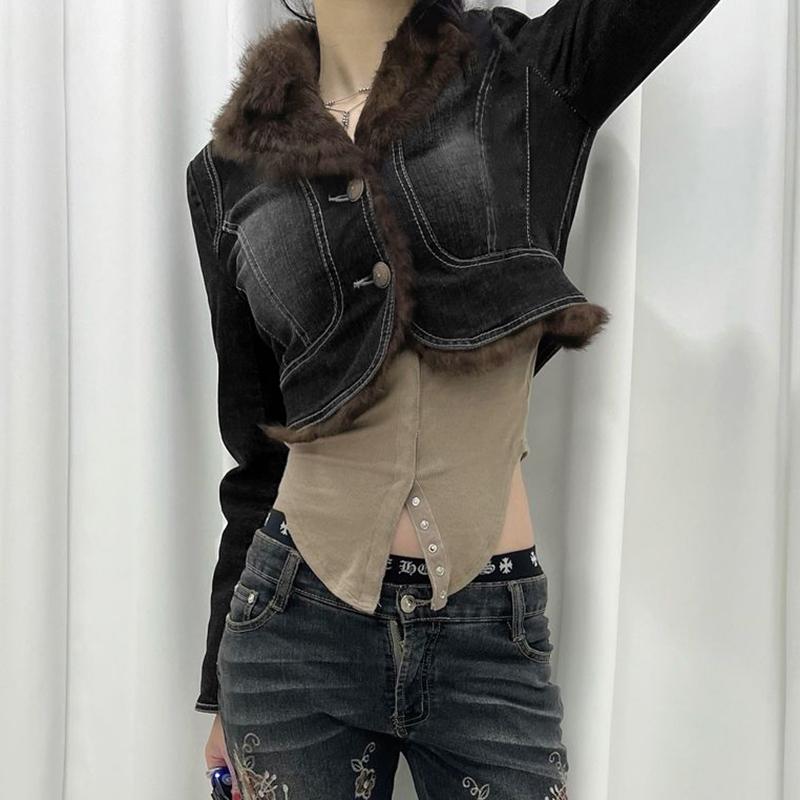 KINGGIRL美式复古毛领拼接纽扣牛仔外套小众分割短款辣妹夹克上衣