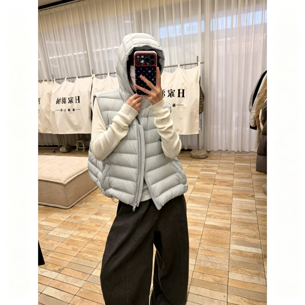 韩系90白鸭绒羽绒马甲女短款排骨连帽宽松保暖2026秋新款背心外套