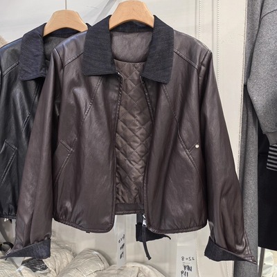 拼色翻领酷飒风皮衣短款小外套