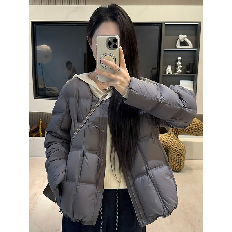 方块羽绒服女2025冬季新款宽松休闲韩版圆领白鸭绒加厚豆腐块外套
