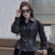 PU皮夹克外套 显示百搭短款 高级感复古收腰系带皮衣女2025春季 新款