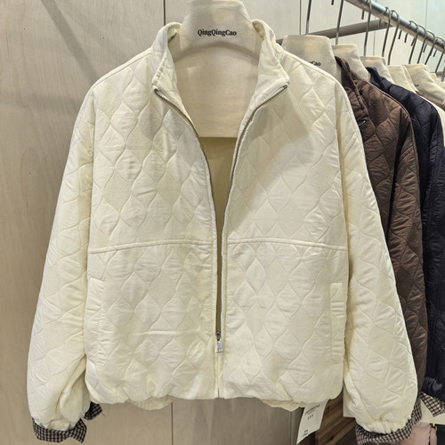 韩系菱形格袖口拼接棉衣短款外套