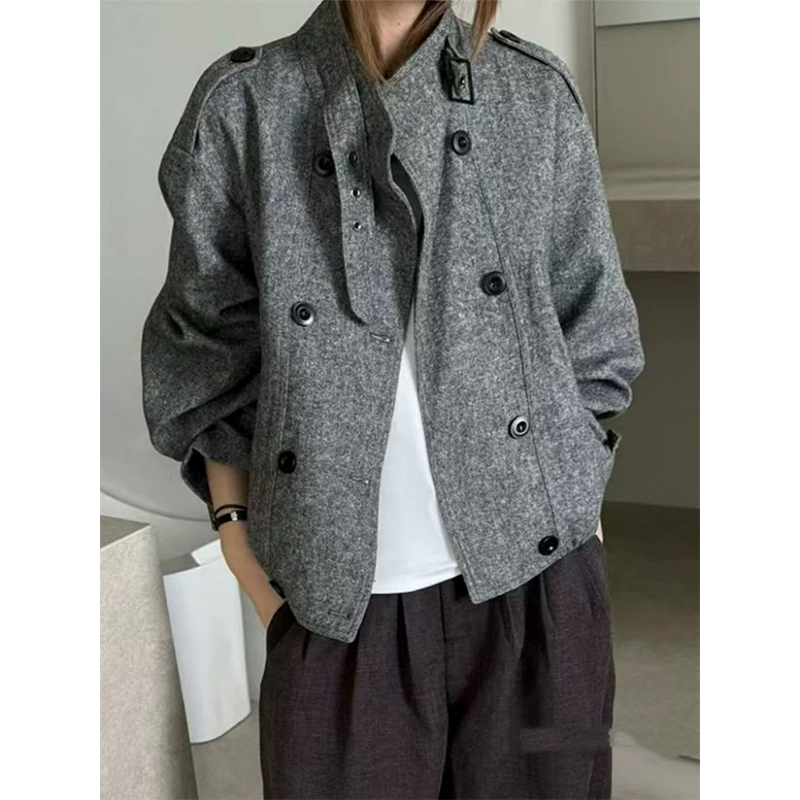 立领双排扣时尚休闲毛呢短外套女
