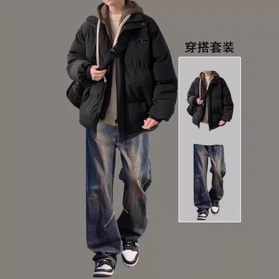 冬季男生假两件保暖棉服套装