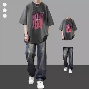 套装 夏季 牛仔裤 t恤男搭配潮牌时尚 青少年潮流一整套情侣穿搭 短袖