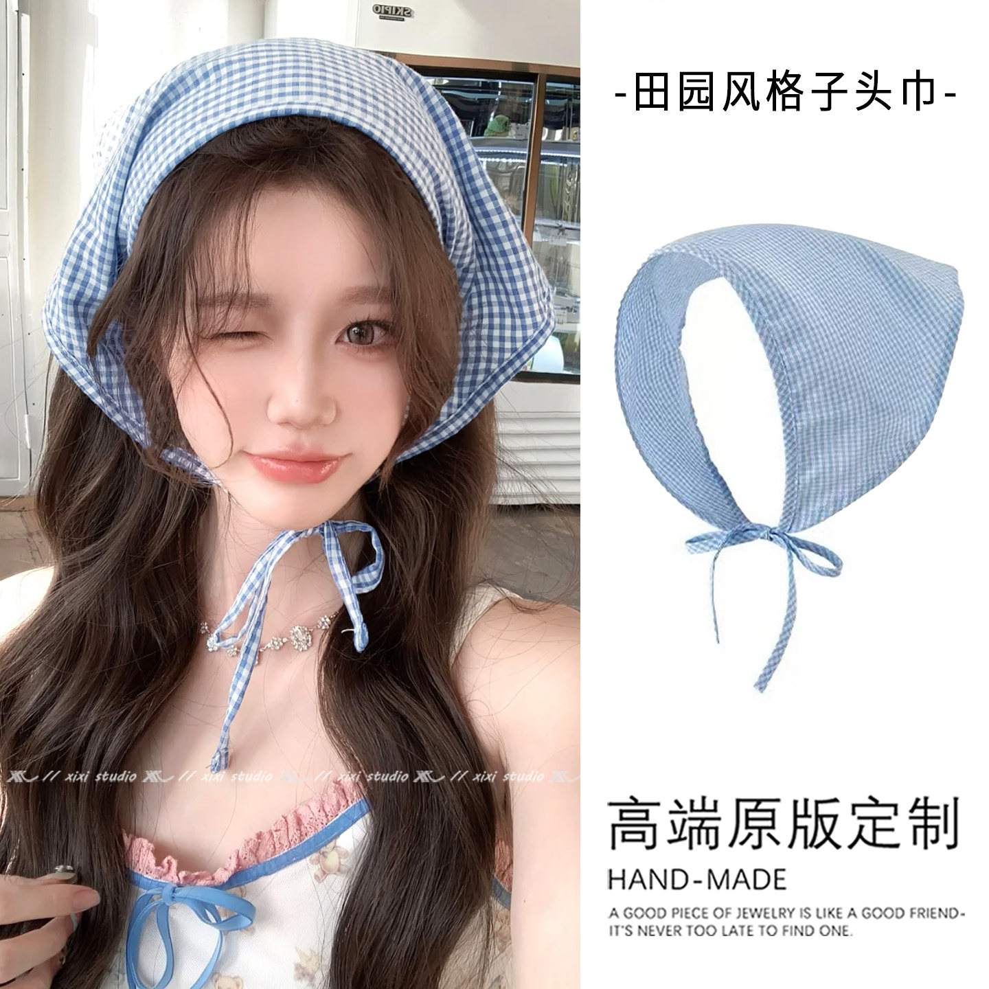 小清新蓝色格子头巾韩系甜美发饰包头三角巾田园风绑发带头饰新品