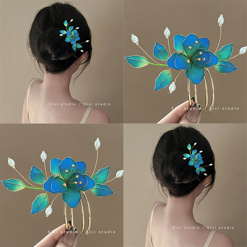 点翠绒花非遗掐丝花朵发梳