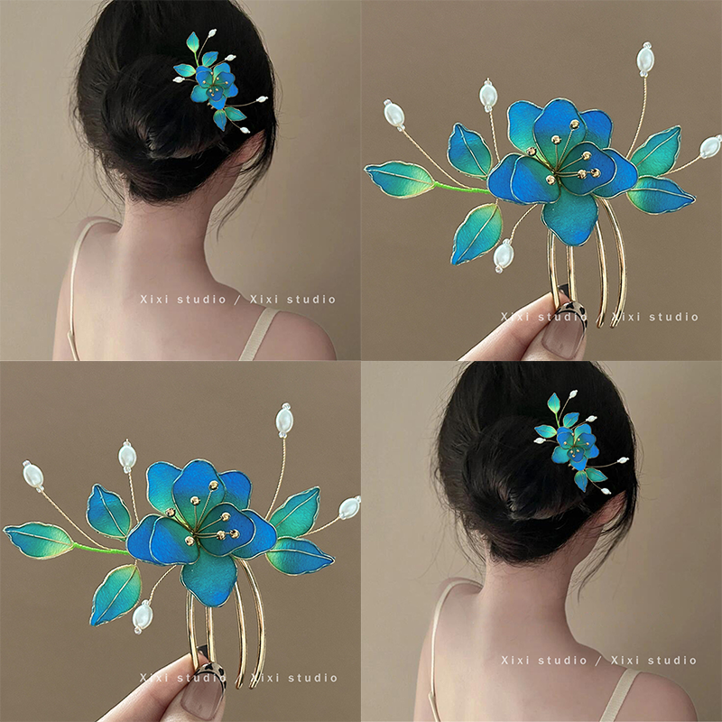点翠绒花非遗掐丝花朵发梳