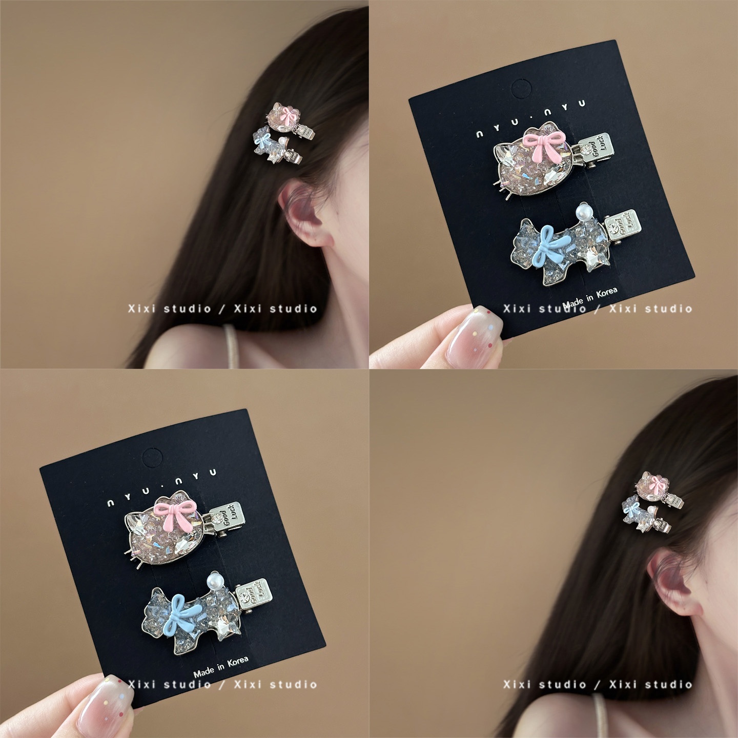 精致闪钻KT猫发夹卡通小狗鸭嘴夹