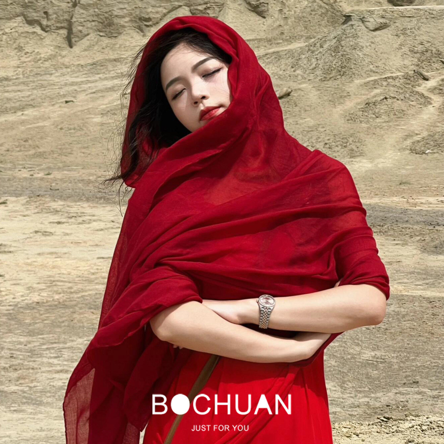 文艺风红色包头丝巾春夏季遮阳防晒围巾2026新款沙漠旅游拍照披肩