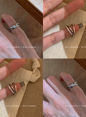 冷淡风闪钻三环戒指女巨好看排钻指环轻奢高级感叠戴尾戒个性新品