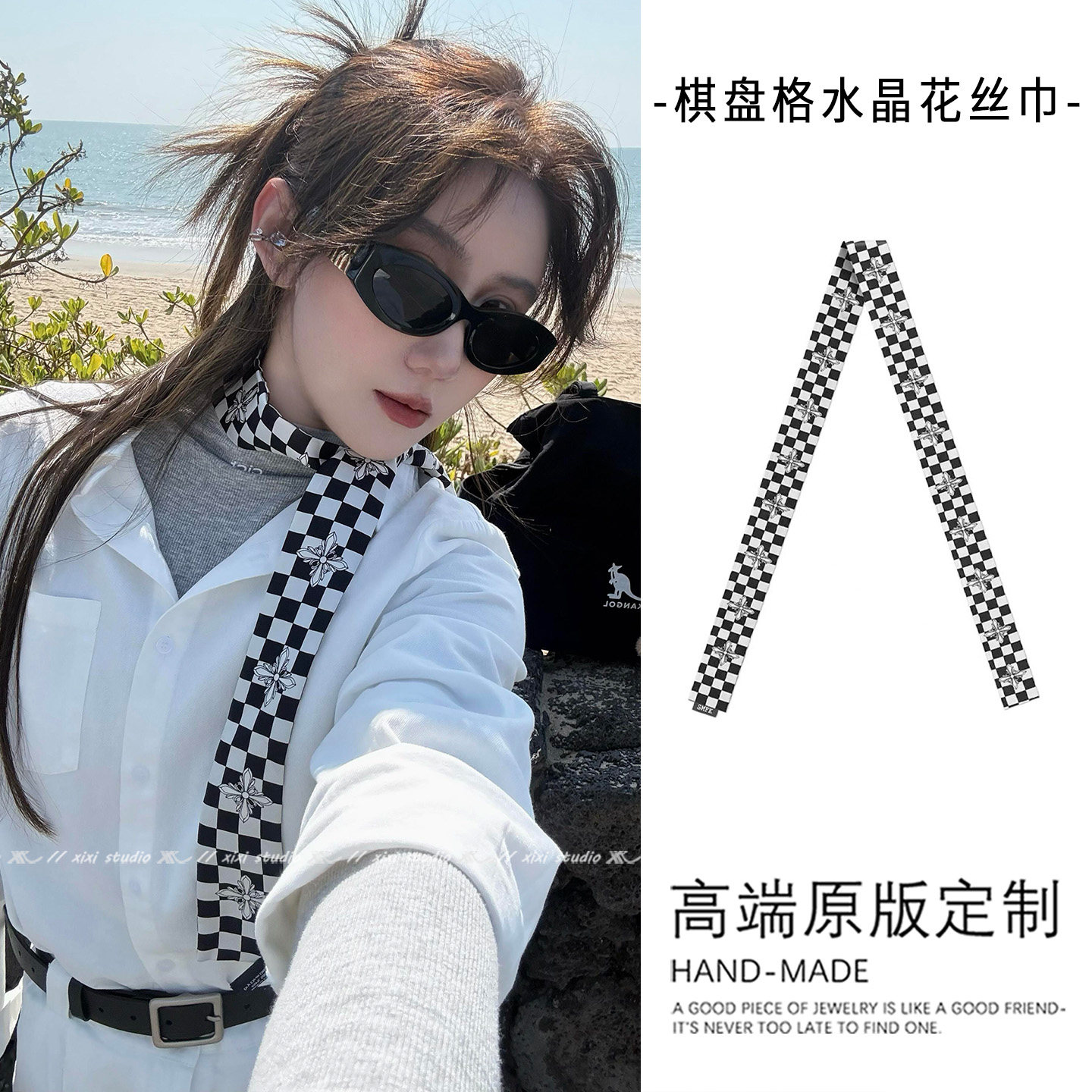 韩系黑白格子长条丝巾挂脖时尚飘带配衬衫领巾女早春穿搭配饰新品