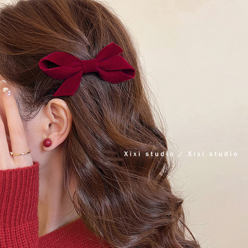 红丝绒蝴蝶结发夹前额碎发夹