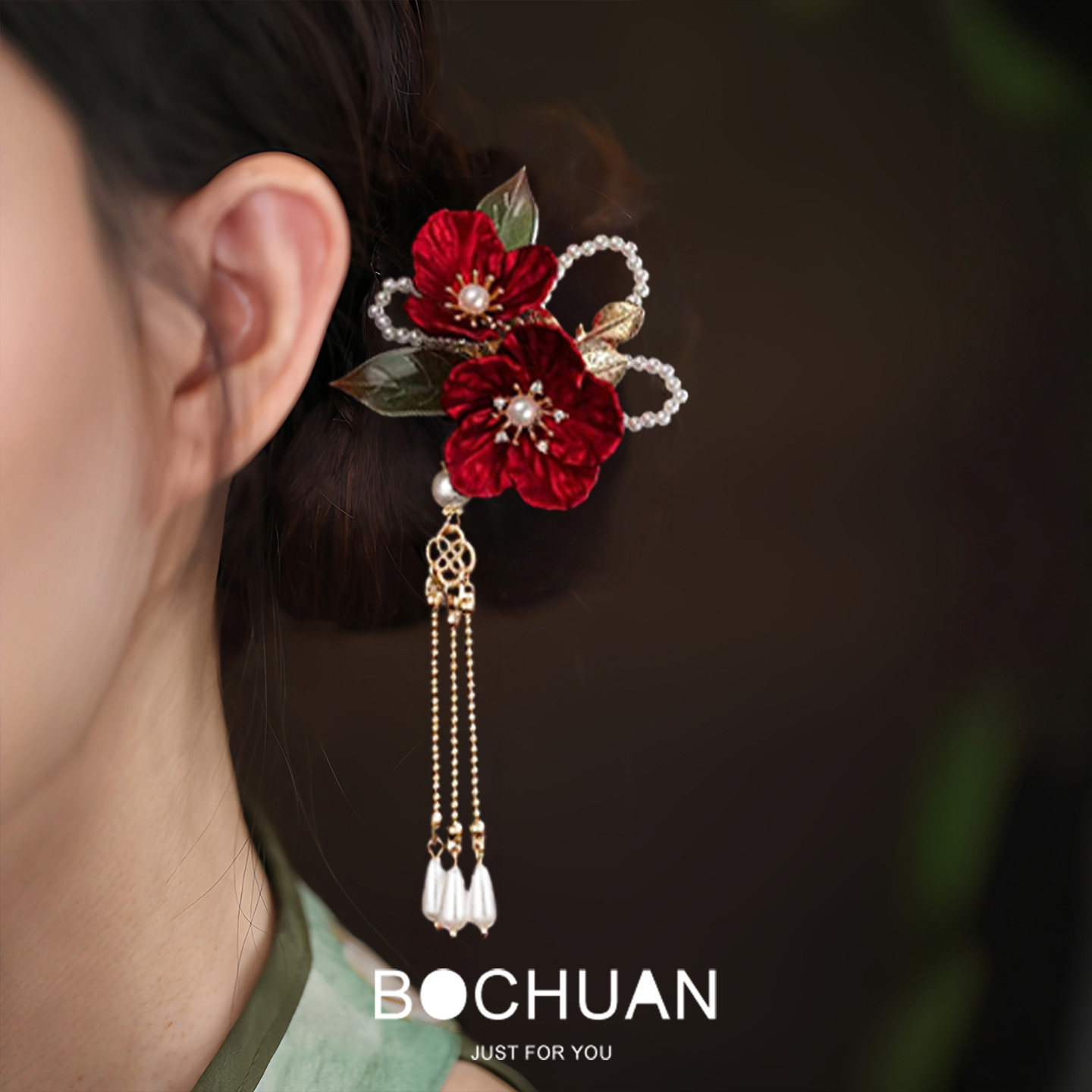 复古气质红色山茶花流苏发簪2026新款国风新娘头饰敬酒服盘发发饰