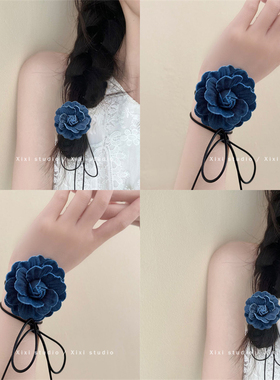 优雅控！蓝色牛仔山茶花发绳！高级感头绳甜酷发饰盘发器精致皮筋