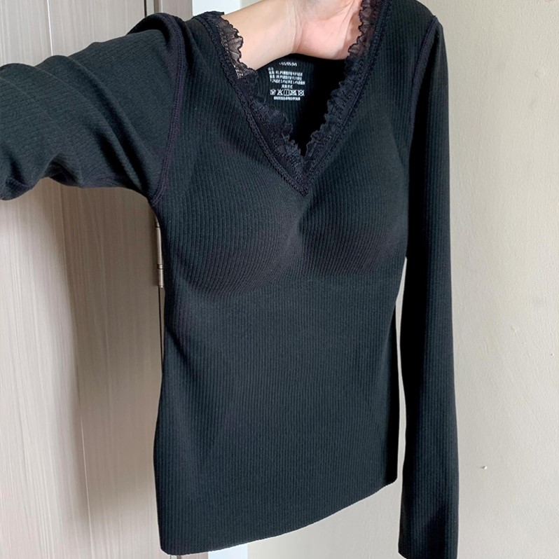 带胸垫保暖内衣女加绒加厚显瘦上衣德绒秋冬季蓄热暖宫贴片打底衫