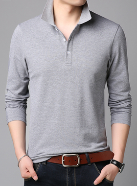 秋季全棉长袖t恤男士韩版休闲体恤POLO衫男中青年翻领打底衫男装