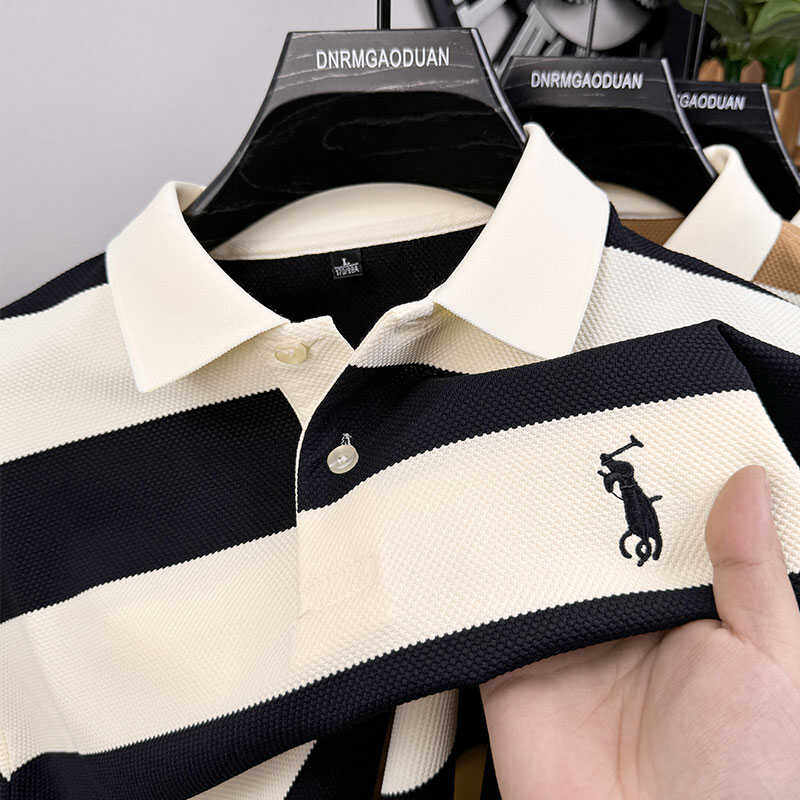 保罗Polo衫男士长袖t恤纯棉中年爸爸春秋装上衣服秋衣条纹体桖丅
