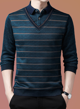 中老年男士春秋薄款长袖T恤韩版潮流男装假两件打底衫衬衫领秋服V