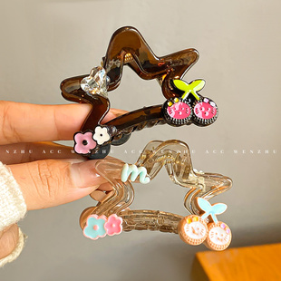 可爱樱桃猫咪抓夹女2025新款五角星发夹后脑勺半扎发头饰鲨鱼夹子