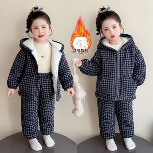 儿童睡衣套装秋冬季新款三层加厚女童连帽棉服保暖加绒格子家居服