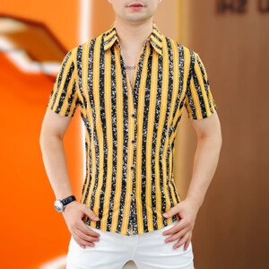 玟若折扣店高品质衬衫2026夏季竖条纹修身短袖男欧货冰丝潮牌Ta8