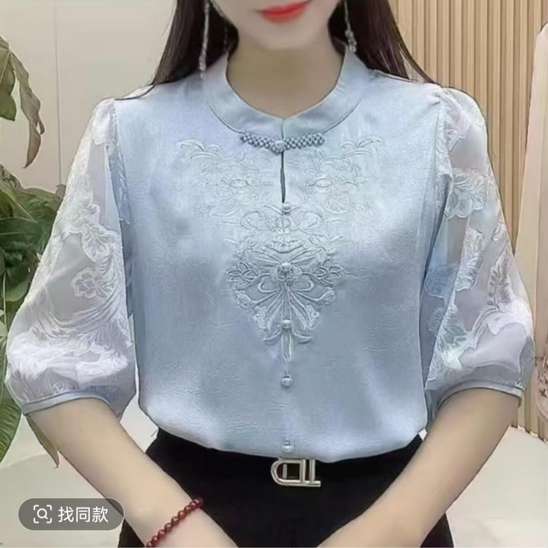 纯色薄款夏季蕾丝五分袖镂空衬衫女款新款洋气气质百搭运动风时a7