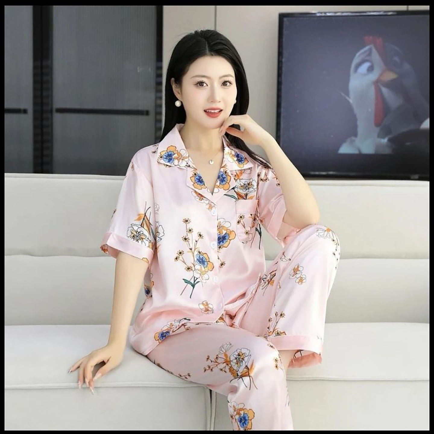 瑜筱商贸女装缎面冰丝睡衣家居服2026新款夏季女士印花宽松套装a8