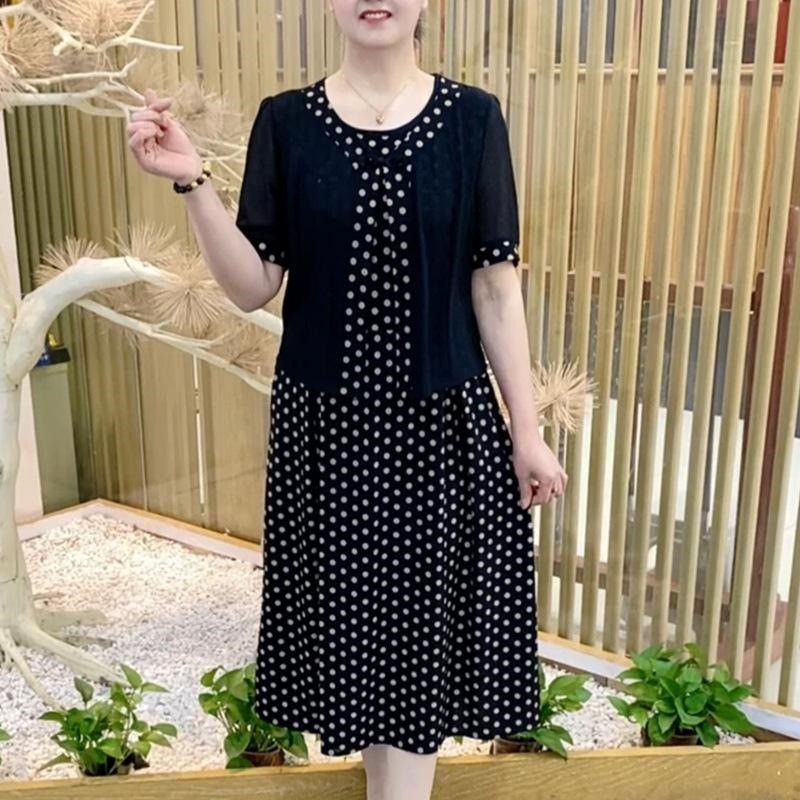 假两件套连衣裙女夏季修身长裙大码中老年妈妈波点短袖裙子中长a7