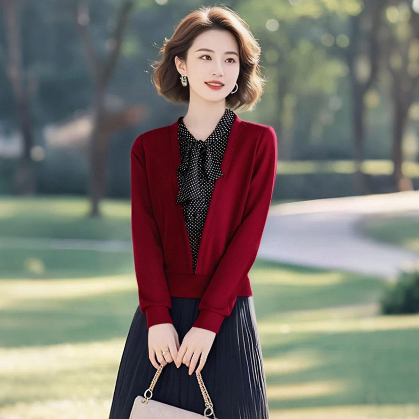 铂瑾女装时尚假两件拼接长袖衬衫女士气质优雅波点飘带显瘦打底a7