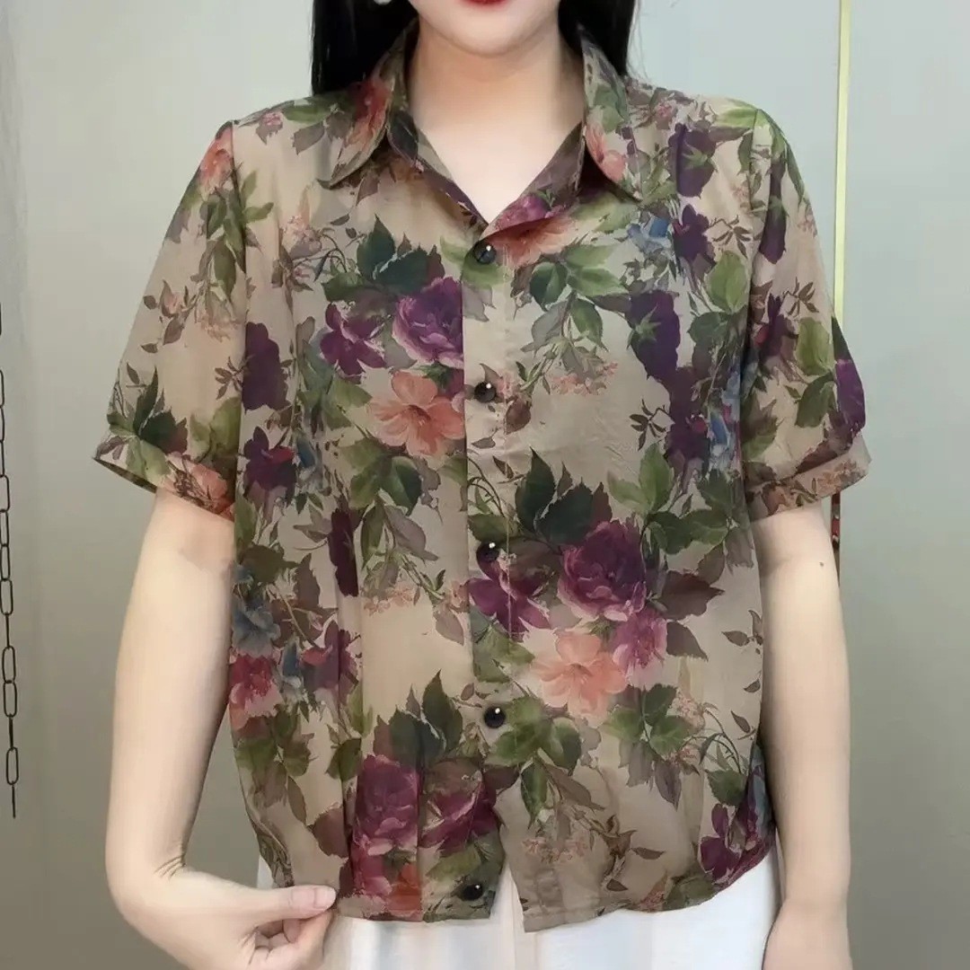 夏季大码翻领百搭宽松显瘦衬衫女2025新款气质减龄印花大花妈妈a5