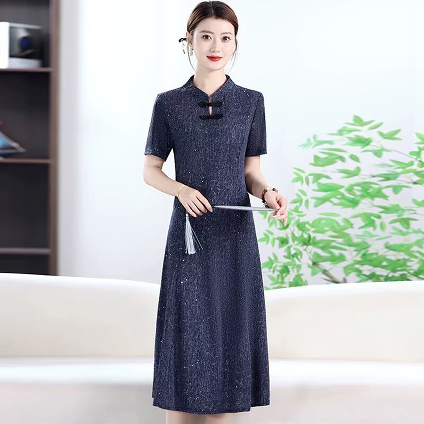 芙霖精选夏季女装店新中式烫金旗袍连衣裙女士洋气显瘦妈妈长裙a4