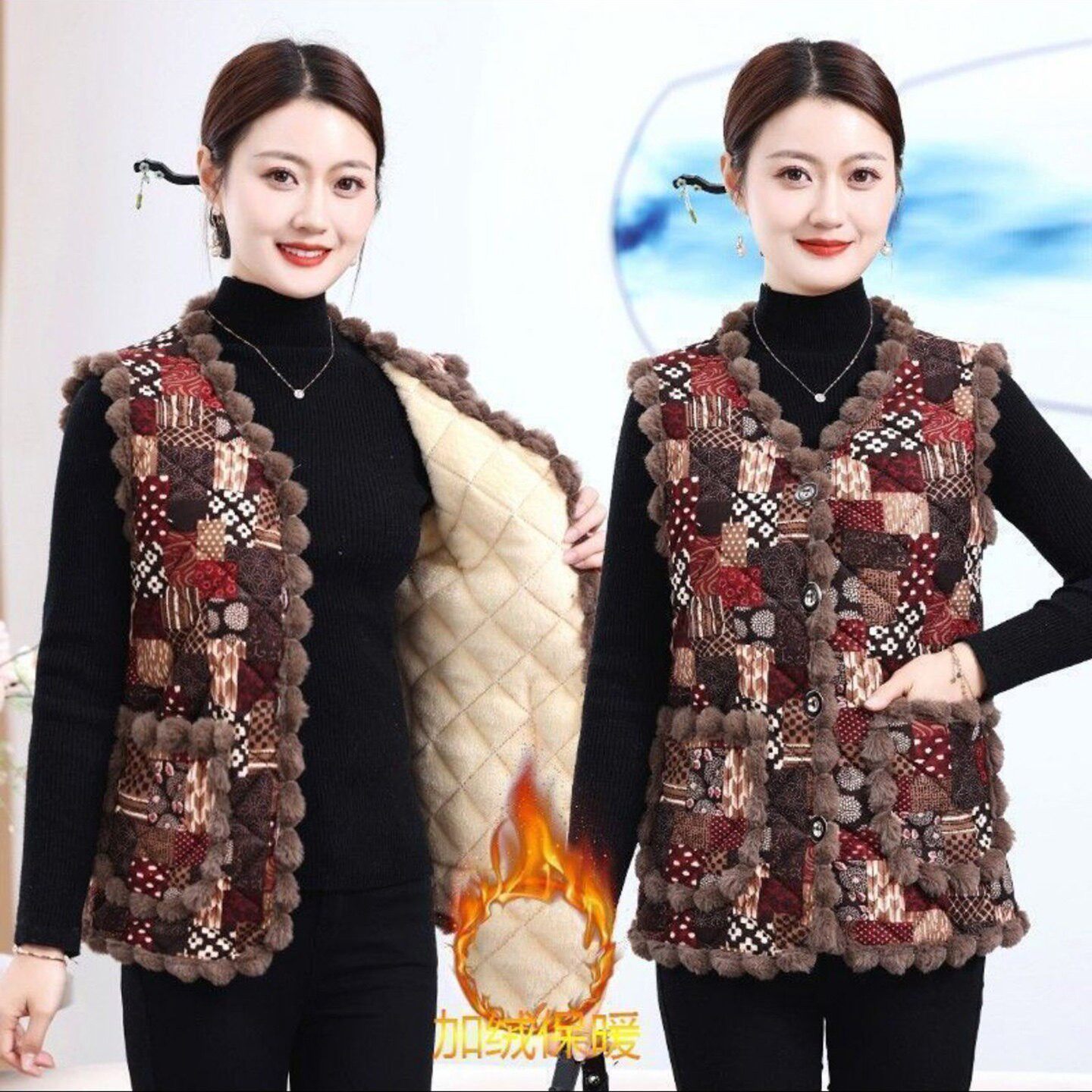 祺量女装加绒加厚小棉马甲秋冬女士中老年保暖背心坎肩妈妈装外a9