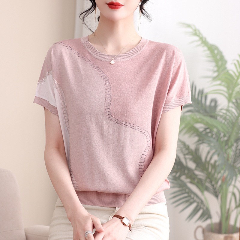 2025新款妈妈夏装洋气冰丝短袖T恤上衣中老年女大码针织小衫套a5