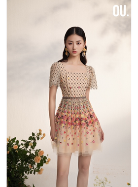 OU./欧点花朵绣花网短款A摆连衣裙1122320533配套腰链