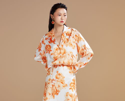 欧点真丝缎印花长袖衬衫