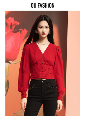 OU./欧点泡泡袖V领气质长袖上衣1032310140
