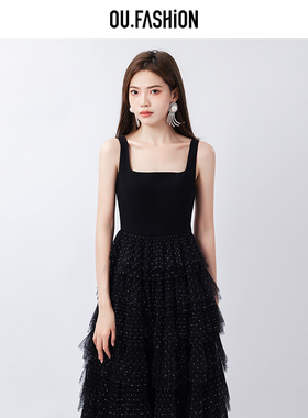 【商场同款】OU.FASHION/欧点无袖拼接网纱蛋糕连衣裙6122230041