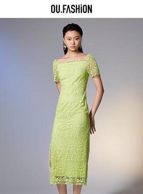 【商场同款】OU.FASHION/欧点绿色方领蕾丝花边连衣裙1122330155