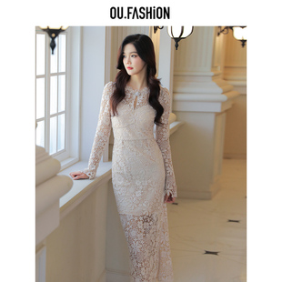 OU.FASHION/欧点法式名媛气质裙子蕾丝镂空长袖连衣裙6122330019