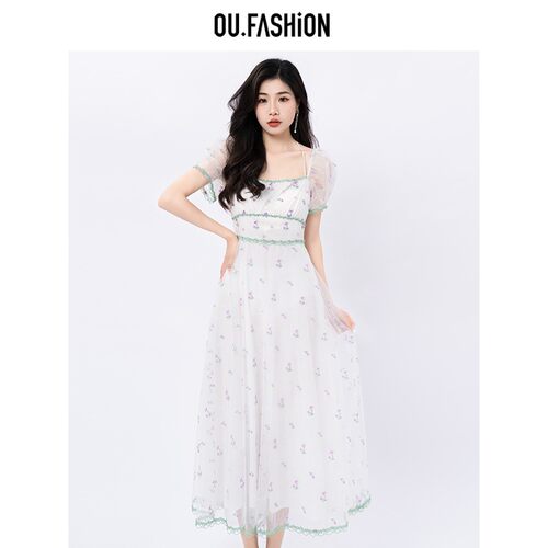OU.FASHION/欧点精美绣花网性感连衣裙6122320233