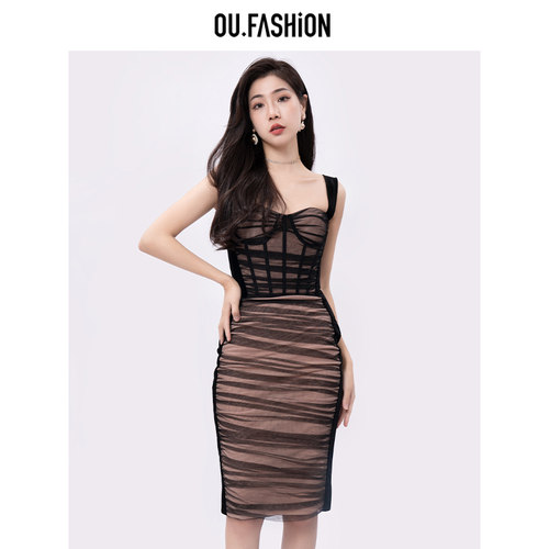 OU.FASHION/欧点丝绒长款连衣裙6122310134热力感