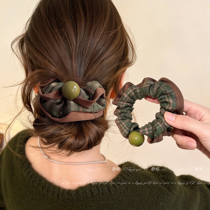 复古绿色格纹发圈百搭超耐看